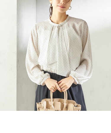 〈手洗い可能〉プリント タイ 長袖 ブラウス