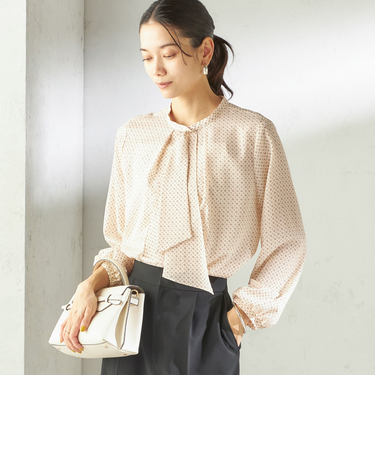 〈手洗い可能〉プリント タイ 長袖 ブラウス