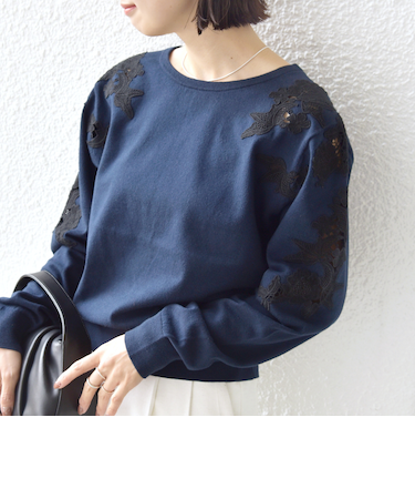 《予約》【WEB限定】〈手洗い可能〉ショルダー レース コンビ ニット プルオーバー