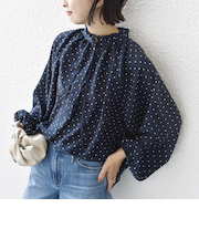 《予約》〈手洗い可能〉ドット リボン デザイン 長袖 ブラウス