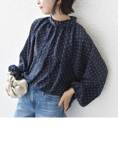 《予約》〈手洗い可能〉ドット リボン デザイン 長袖 ブラウス