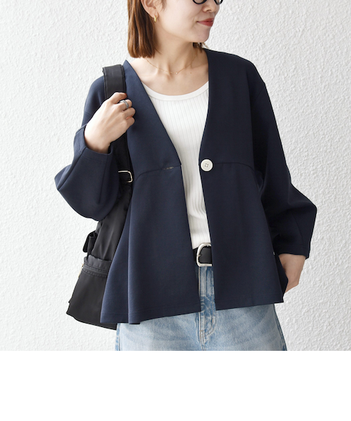 予約》SHIPS any:〈手洗い可能〉ダンボール ペプラム Vネック