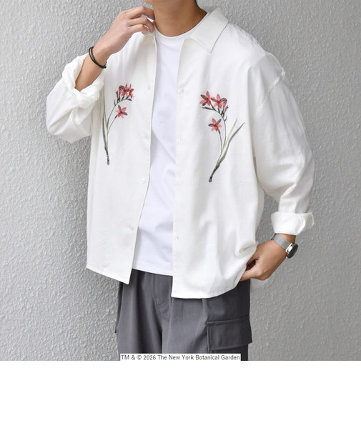 【SHIPS any別注】NYBG: フラワー ロゴ 刺繍 リラックス リネン ミックス シャツ◆