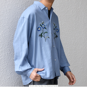 【SHIPS any別注】NYBG: フラワー ロゴ 刺繍 リラックス リネン ミックス シャツ◆