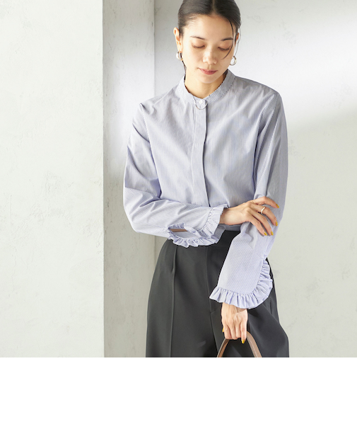 《予約》〈洗濯機可能〉フリル カフス バンド カラー シャツ