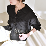 《予約》quaranciel:〈手洗い可能〉レース × メッシュ編み ポロ ニット カーディガン