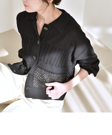 《予約》quaranciel:〈手洗い可能〉レース × メッシュ編み ポロ ニット カーディガン