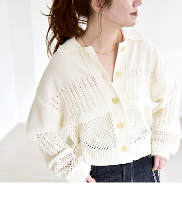《予約》quaranciel:〈手洗い可能〉レース × メッシュ編み ポロ ニット カーディガン