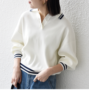 《予約》SHIPS any:〈手洗い可能〉コットン ミックス ライン ポロニット プルオーバー