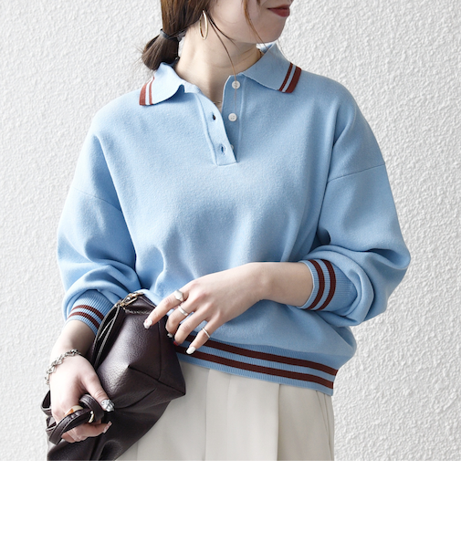 《予約》SHIPS any:〈手洗い可能〉コットン ミックス ライン ポロニット プルオーバー