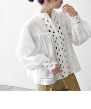《予約》SHIPS any:〈洗濯機可能〉キャンブリック スタンドカラー レース シャツ ブラウス