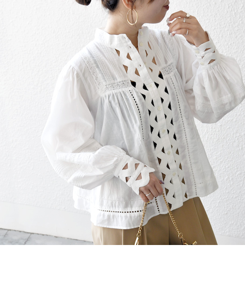 《予約》SHIPS any:〈洗濯機可能〉キャンブリック スタンドカラー レース シャツ ブラウス