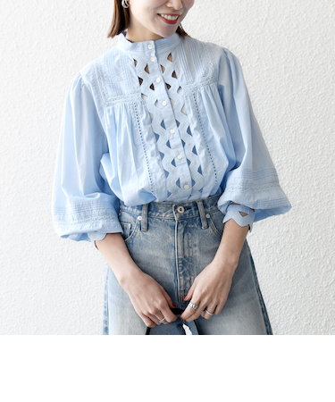 《予約》SHIPS any:〈洗濯機可能〉キャンブリック スタンドカラー レース シャツ ブラウス