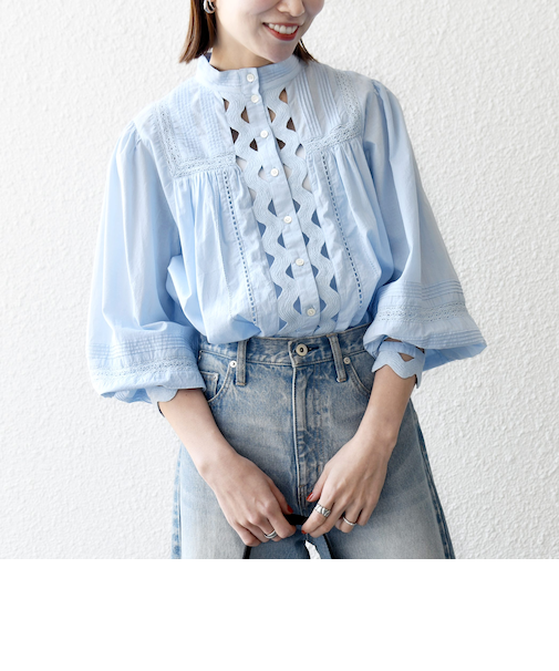 《予約》SHIPS any:〈洗濯機可能〉キャンブリック スタンドカラー レース シャツ ブラウス