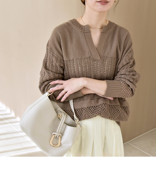 《予約》quaranciel:〈手洗い可能〉レース × メッシュ編み スキッパー ニット プルオーバー