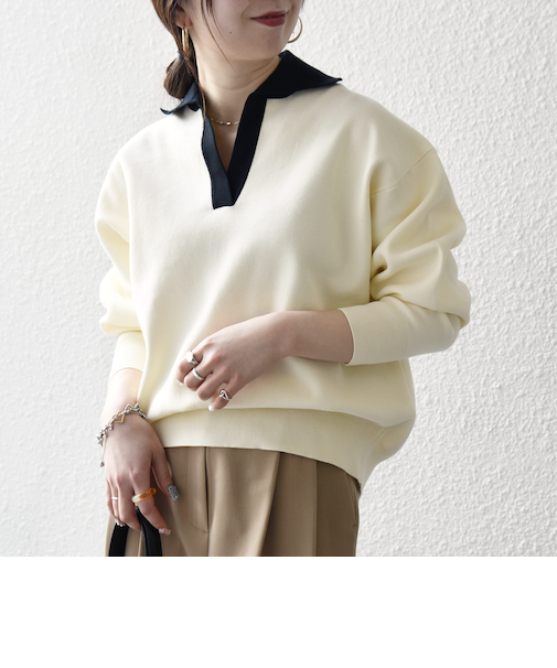 《予約》SHIPS any:〈手洗い可能〉バイカラー スキッパー ニット プルオーバー