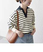 《予約》SHIPS any:〈手洗い可能〉バイカラー スキッパー ニット プルオーバー