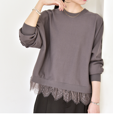 《予約》quaranciel:〈手洗い可能〉レース ドッキング ドルマン ニット プルオーバー