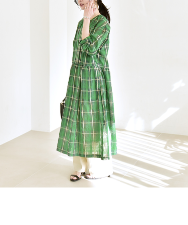 《予約》quaranciel:〈手洗い可能〉シアー ギャザー チェック ロング ワンピース