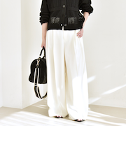 《予約》quaranciel:〈手洗い可能〉サテン センタープレス ハイウエスト ワイド パンツ