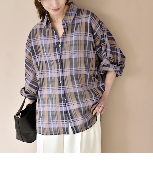 予約》quaranciel:〈手洗い可能〉シアー チェック ドルマン シャツ