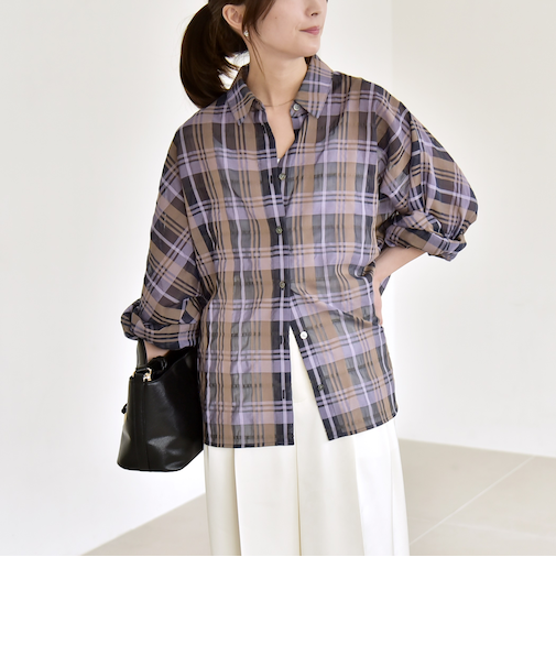 《予約》quaranciel:〈手洗い可能〉シアー チェック ドルマン シャツ　　　