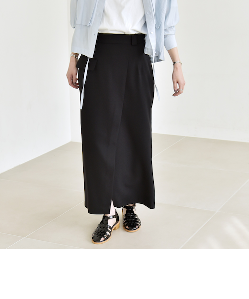 《予約》quaranciel:〈手洗い可能〉ウーステッド Iライン フロントスリット スカート