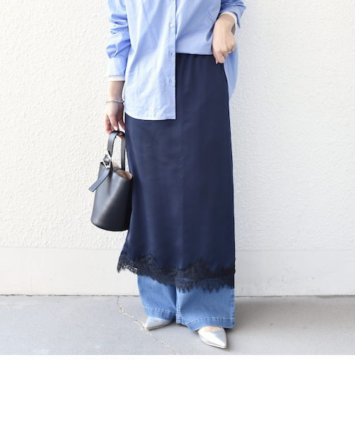 《予約》SHIPS Colors:〈手洗い可能〉サテン レース スカート◆