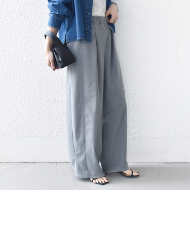 《予約》〈手洗い可能〉トロ ピン ストライプ ウエスト ギャザー パンツ