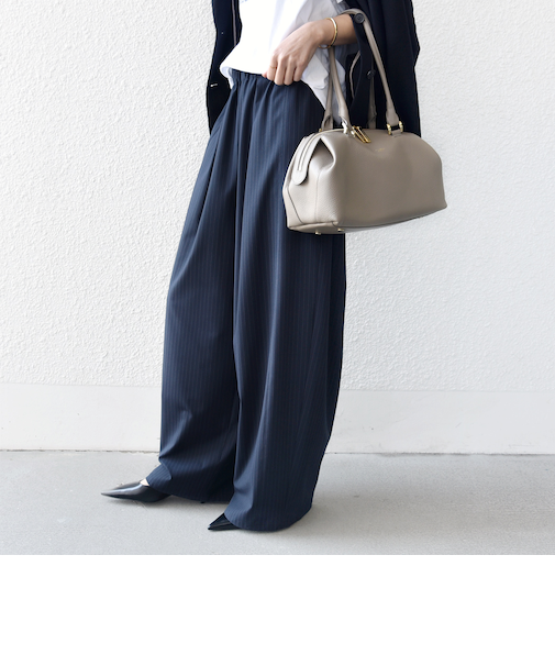 《予約》〈手洗い可能〉トロ ピン ストライプ ウエスト ギャザー パンツ