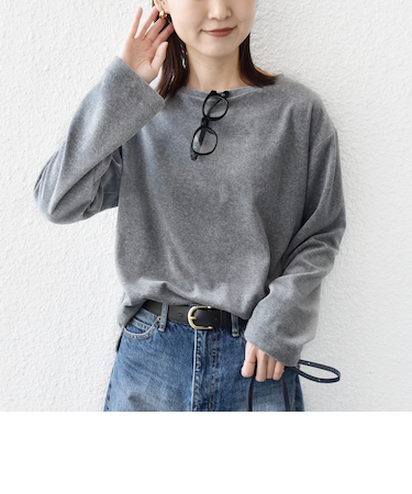 〈手洗い可能〉コットン ベロア ボートネック ロング スリーブ プルオーバー
