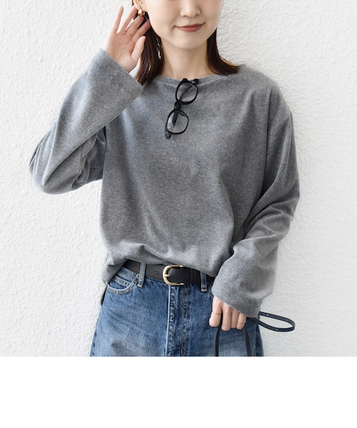 〈手洗い可能〉コットン ベロア ボートネック ロング スリーブ プルオーバー