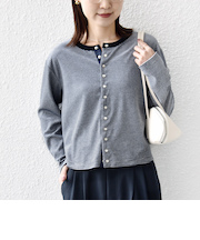 〈手洗い可能〉ポリエステル ベロア ボーダー パール モチーフ ボタン カーディガン