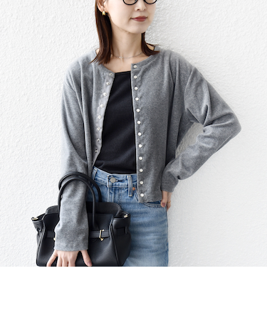〈手洗い可能〉コットン ベロア パール モチーフ ボタン カーディガン