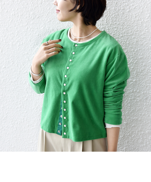 〈手洗い可能〉コットン ベロア パール モチーフ ボタン カーディガン