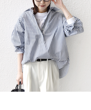 《予約》〈手洗い可能〉無地 / ストライプ サイド スリット スキッパー コットン シャツ