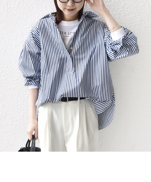 《予約》〈手洗い可能〉無地 / ストライプ サイド スリット スキッパー コットン シャツ