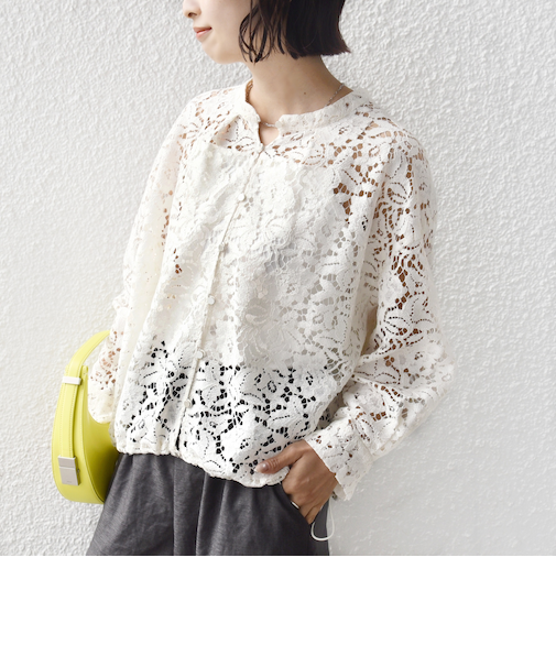 《予約》〈手洗い可能〉裾 ドロスト レース ブラウス