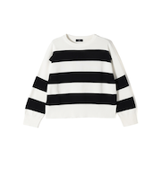 SHIPS Primary Navy Label:ガス コットン ワイド ボーダー クルーネック