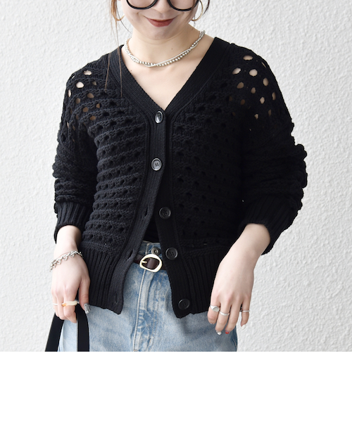 SHIPS any:〈手洗い可能〉コットン ミックス 透かし編み Vネック