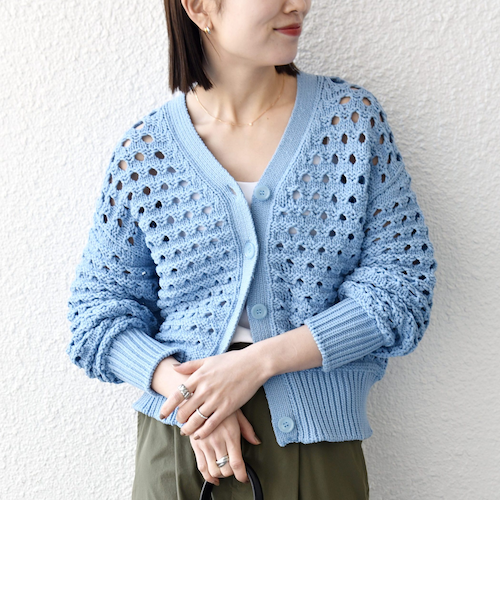 SHIPS any:〈手洗い可能〉コットン ミックス 透かし編み Vネック