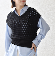《予約》SHIPS any:〈手洗い可能〉コットン ミックス 透かし編み Vネック ベスト