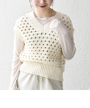 《予約》SHIPS any:〈手洗い可能〉コットン ミックス 透かし編み Vネック ベスト