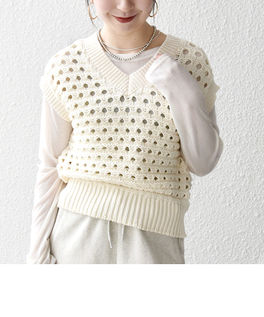 《予約》SHIPS any:〈手洗い可能〉コットン ミックス 透かし編み Vネック ベスト