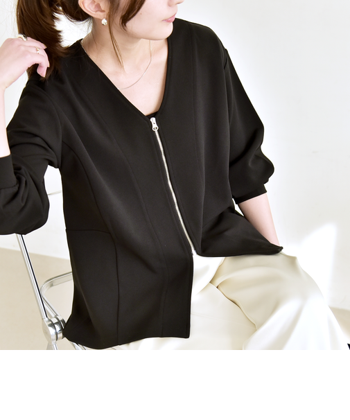 《予約》quaranciel:〈洗濯機可能〉カットジョーゼット Vネック ジップ カーディガン