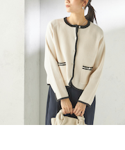 〈手洗い可能〉綿混 ウェーブ モール リブ 配色 カーディガン