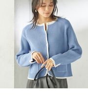 《予約》〈手洗い可能〉綿混 ウェーブ モール リブ 配色 カーディガン