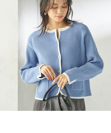 《予約》〈手洗い可能〉綿混 ウェーブ モール リブ 配色 カーディガン