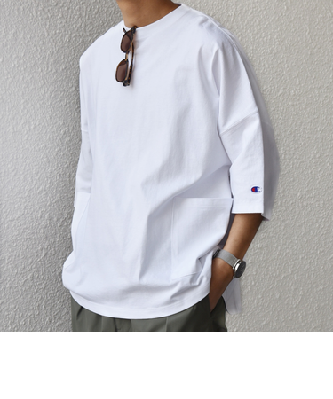 【SHIPS any別注】Champion: ロゴ刺繍 ドルマン キャンプポケット Tシャツ◆