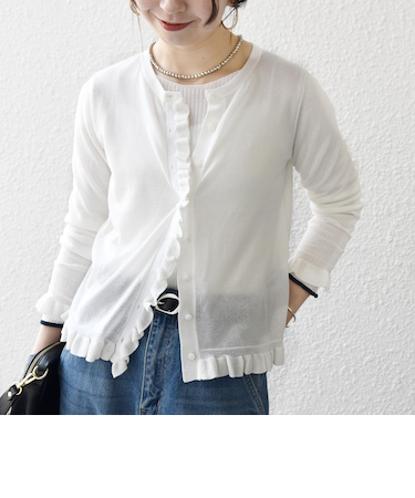 《予約》SHIPS any:〈手洗い可能〉コットン ミックス シアー フリル カーディガン